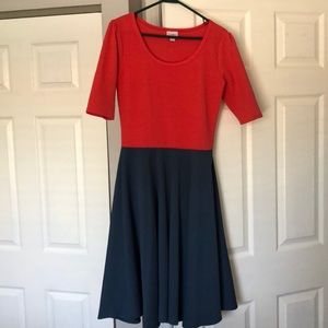 LuLaRoe Nicole Dress - Red-ish/Orange and Blue